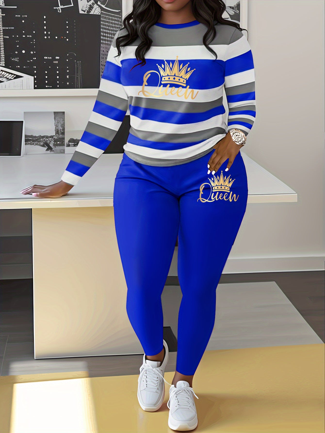 Women's Striped Crown Print Casual Tracksuit Set - Polyester & Elastane Knit Crew Neck Long Sleeve Top with Pants, No Belt - Fall/Winter Cozy Loungewear Suit (1 Top + 1 Pants)
